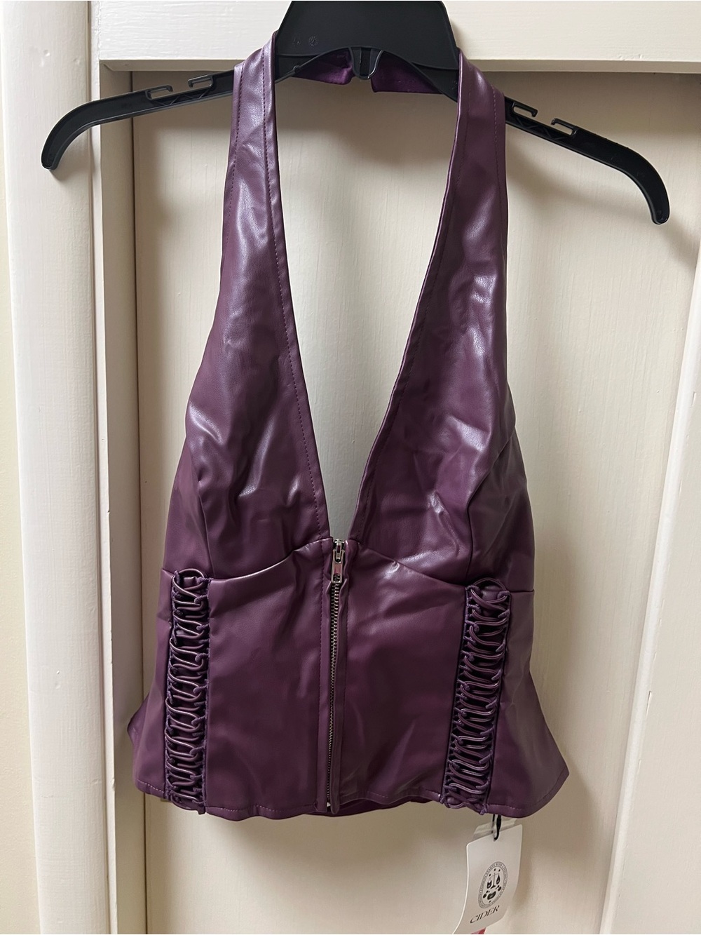 Cider Faux Leather Plunge Halter Crop Top in Plum